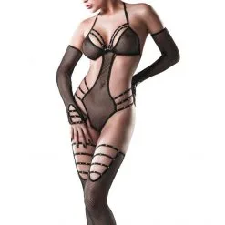 Grey Velvet Ensemble Body Résilles 3 Pièces