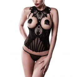 Grey Velvet Bustier Dentelle Crochet Et String